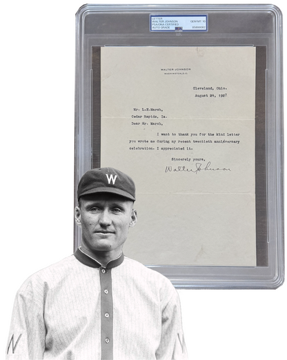 Walter Johnson Signed Letter and Fingerprints, 1927. Gem Mint, PSA 100