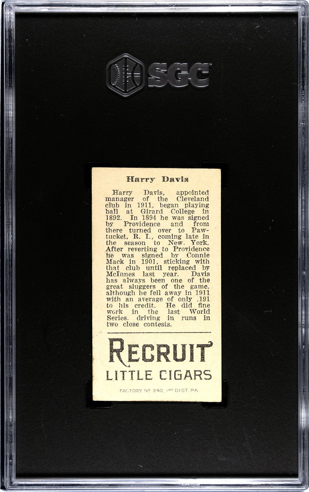 1912 Recruit Little Cigars T207 Harry Davis SGC 41