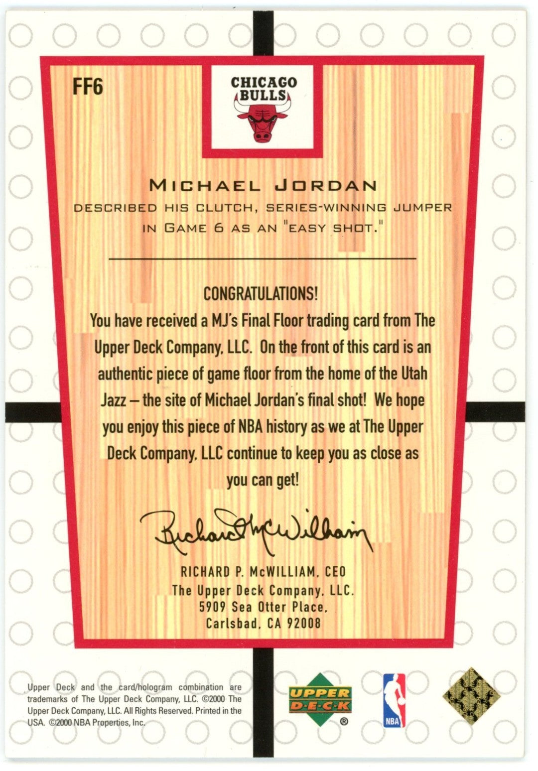 Michael Jordan 2000 Upper Deck Final Floor Game Used 1998 Finals Card. 