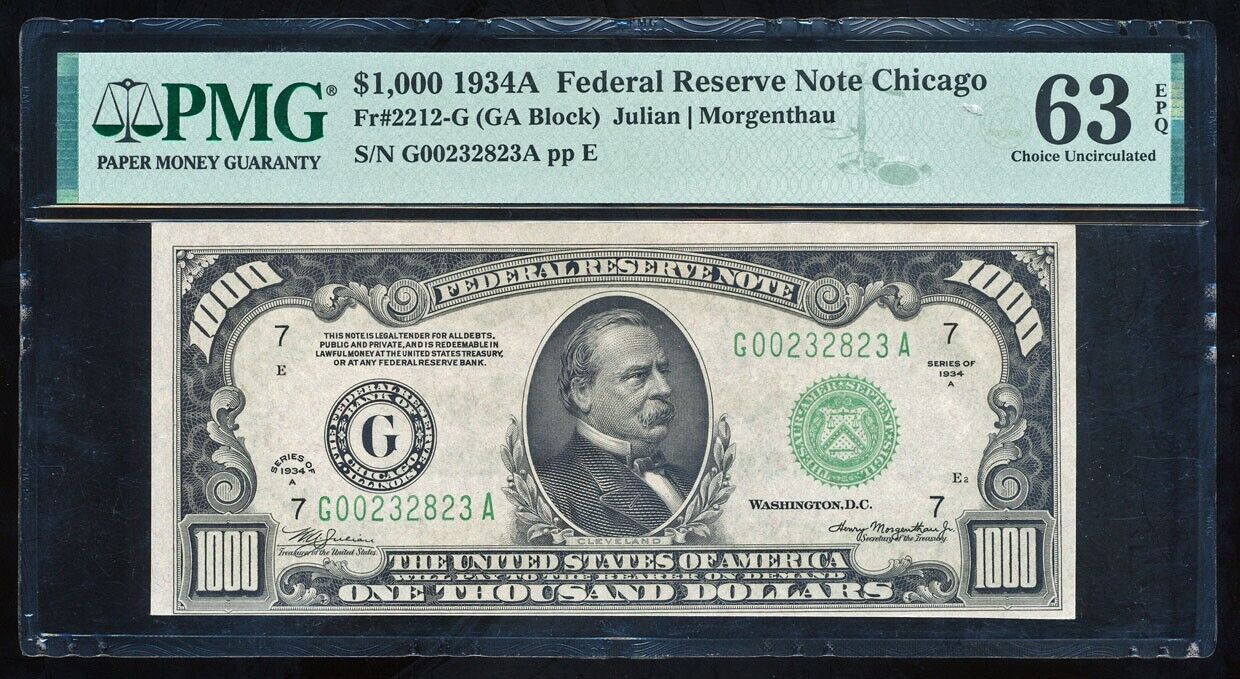 1934 $1000 Federal Reserve Note, Chicago. PMG 63 EPQ Choice Uncirculated