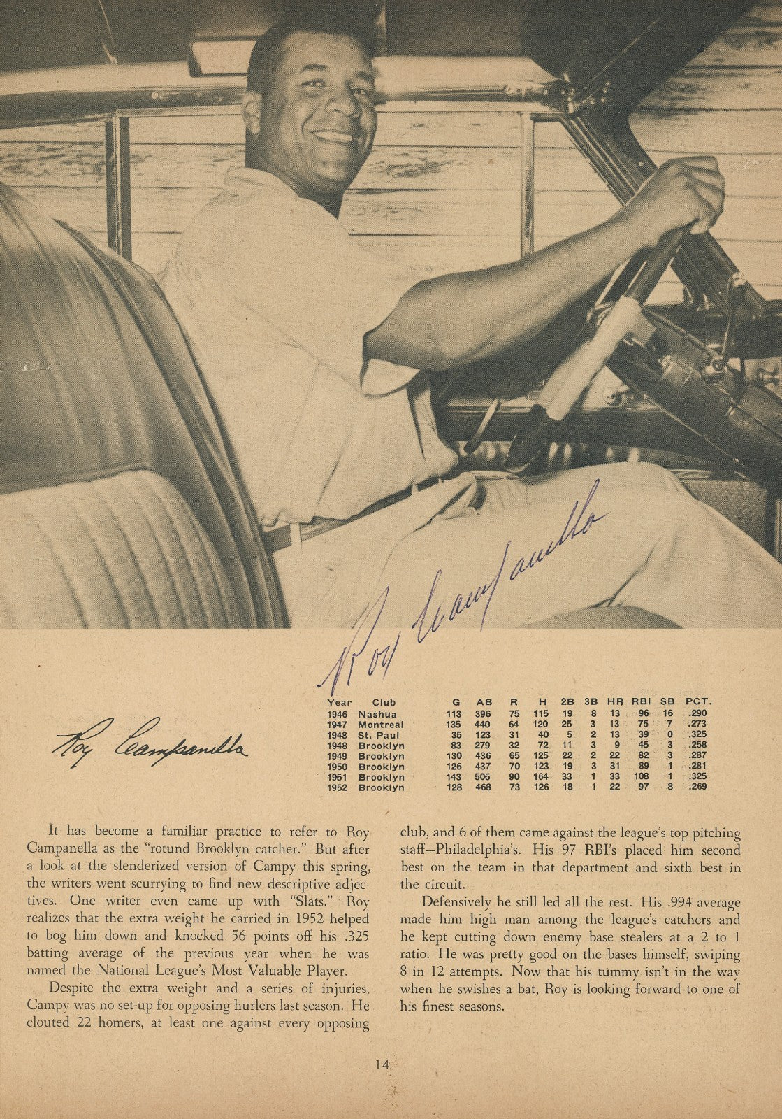 Roy Campanella Signed Photo, 1953 Dodgers Yearbook. Driving Car. JSA2