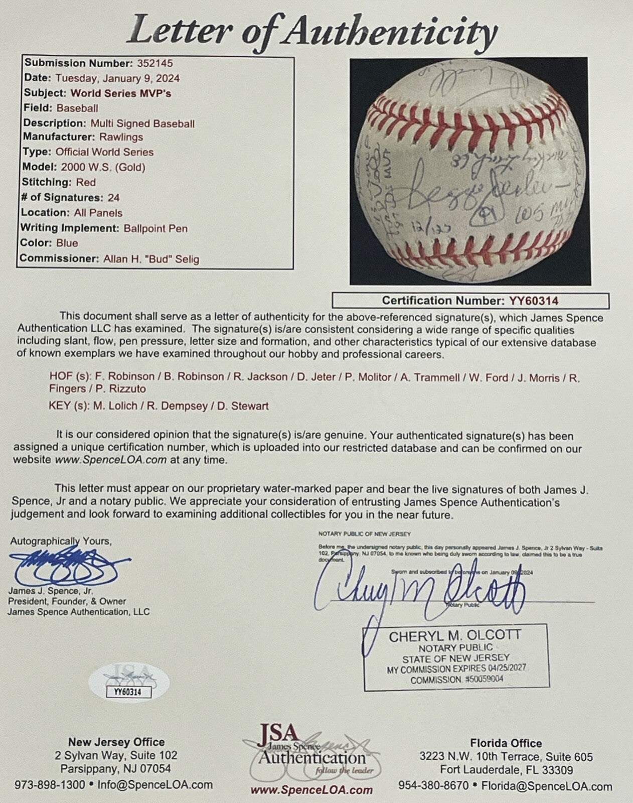 World Series MVP Signed Inscribed Baseball. Jeter, Reggie. 24 Sigs, LE /125. JSA6