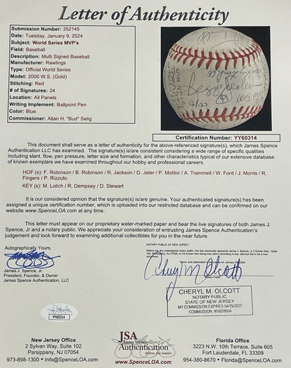 World Series MVP Signed Inscribed Baseball. Jeter, Reggie. 24 Sigs, LE /125. JSA6