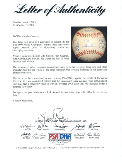 1993 Toronto Blue Jays Team Signed Baseball. 31 Signatures. PSA/DNA LOA