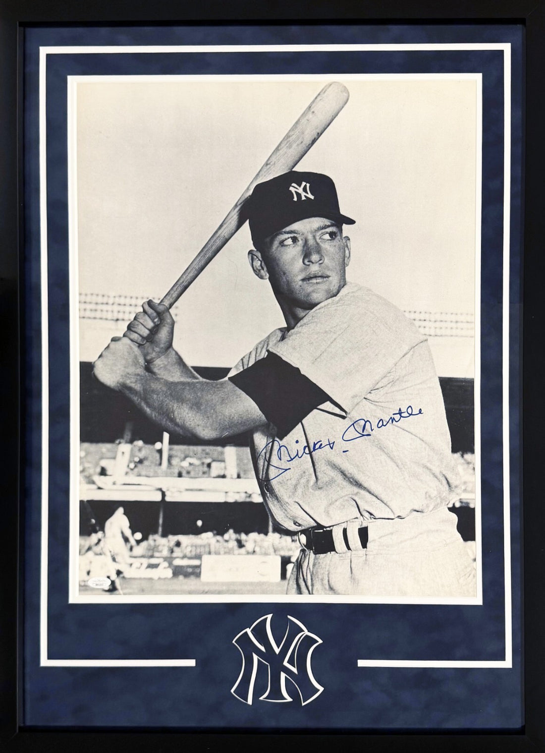 Mickey Mantle Signed Photo. Oversized 20" x 24". Custom NY Yankees Frame. JSA0