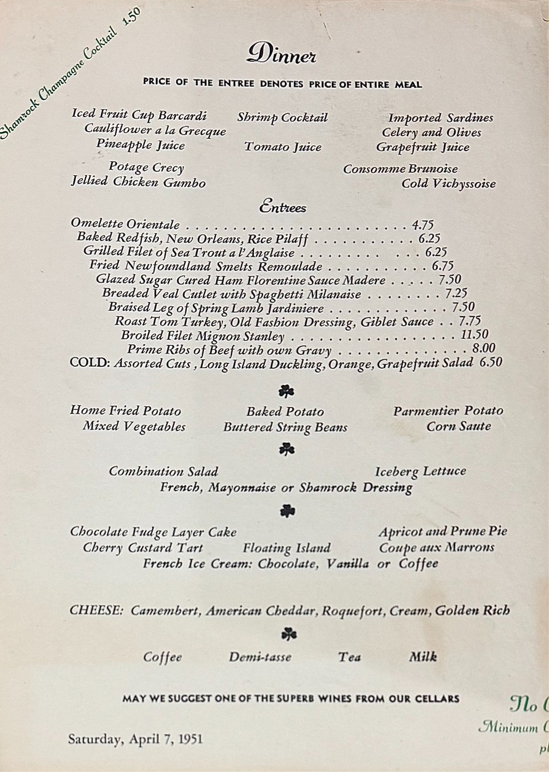 Joe DiMaggio Signed Menu Page from April 7, 1951. PSA1