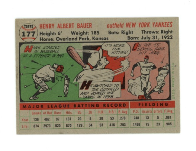 1956 Topps Hank Bauer Gray Back1