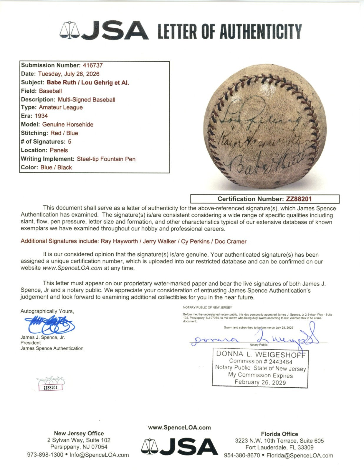Babe Ruth &amp; Lou Gehrig Dual Signed Baseball. Auto JSA6