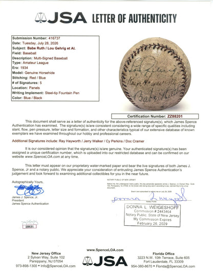 Babe Ruth &amp; Lou Gehrig Dual Signed Baseball. Auto JSA6