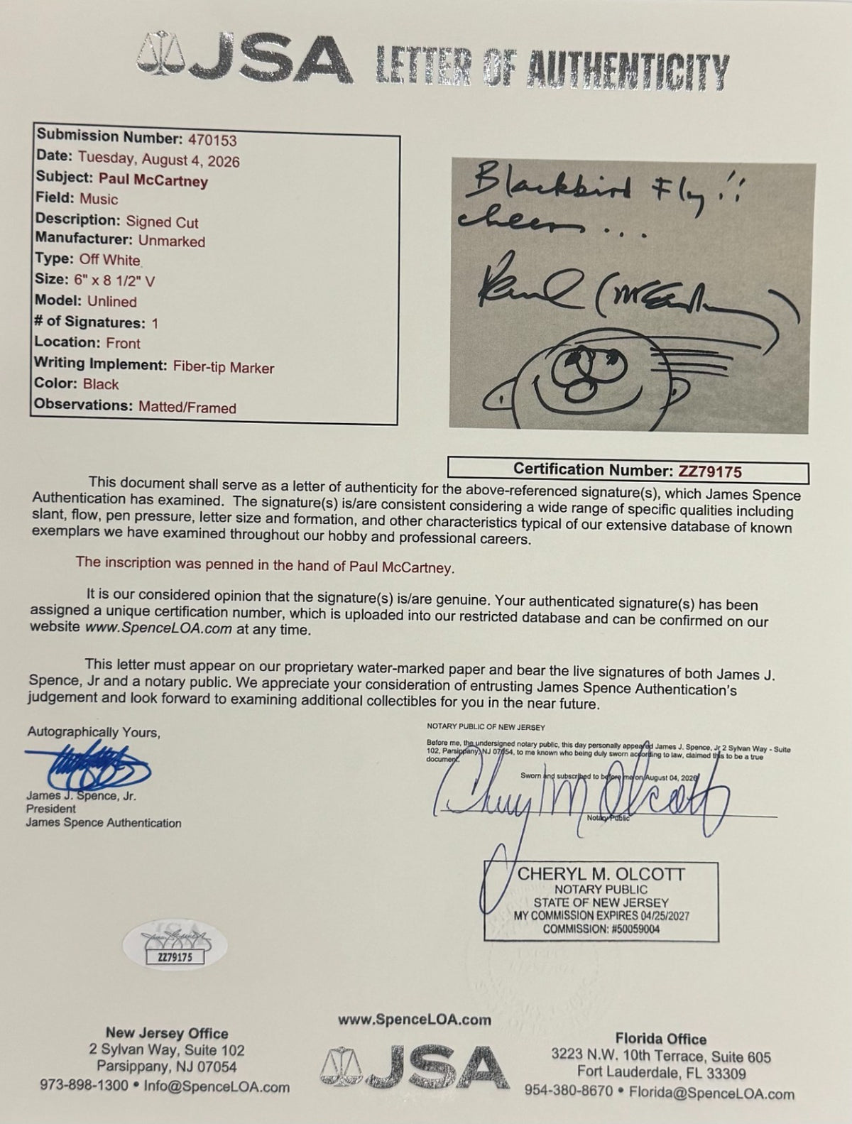 Unique Paul McCartney Signed "Blackbird Fly" Inscribed Autograph. Auto JSA2