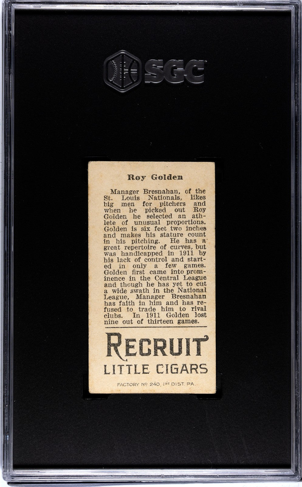 1912 Recruit Little Cigars T207 Roy Golden SGC 31