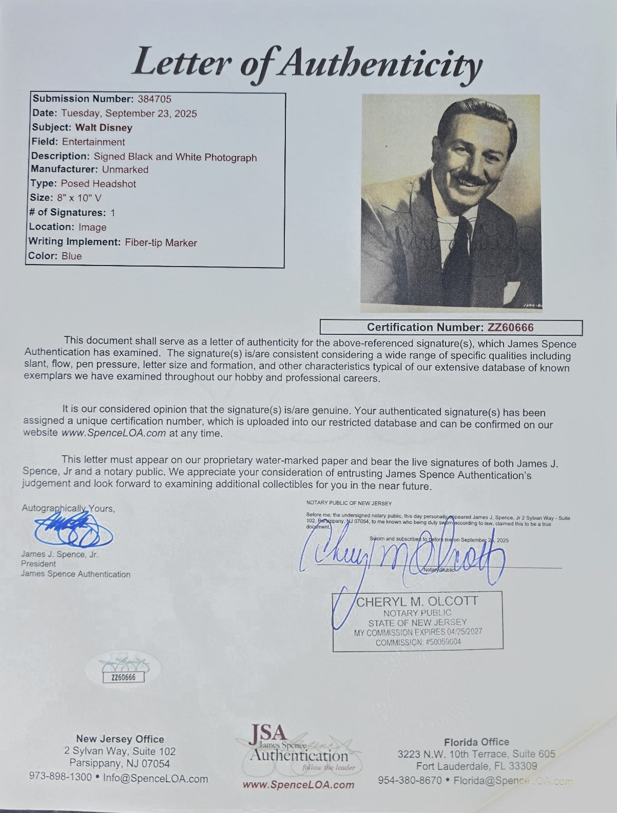 Rare Walt Disney Vintage Signed Photo. JSA2