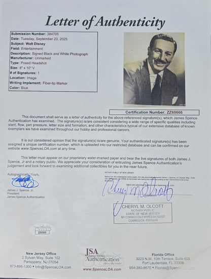 Rare Walt Disney Vintage Signed Photo. JSA2