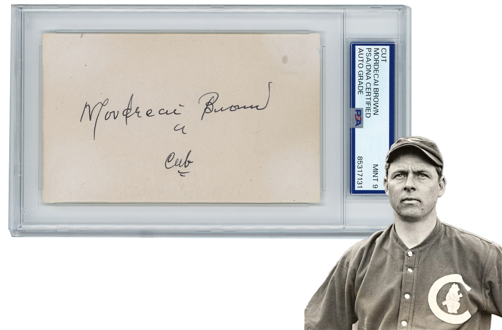 Rare Mordecai Brown Signed Autograph. Auto Grade PSA Mint 90