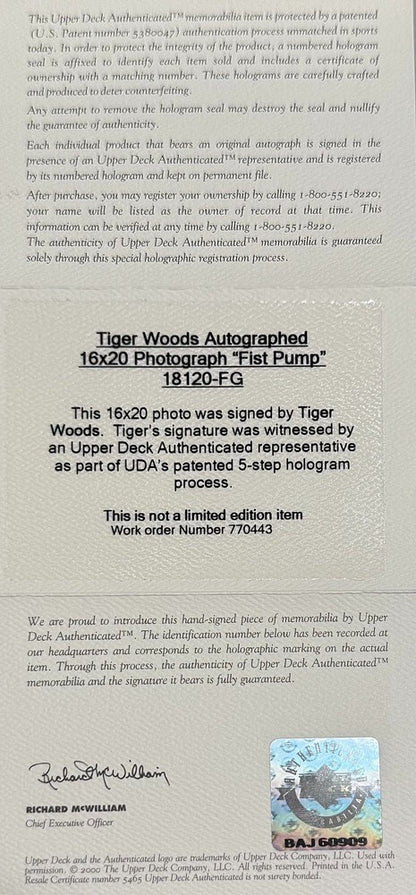 Tiger Woods 16x20 Signed Fist Pump Photo. Auto UDA Upper Deck3