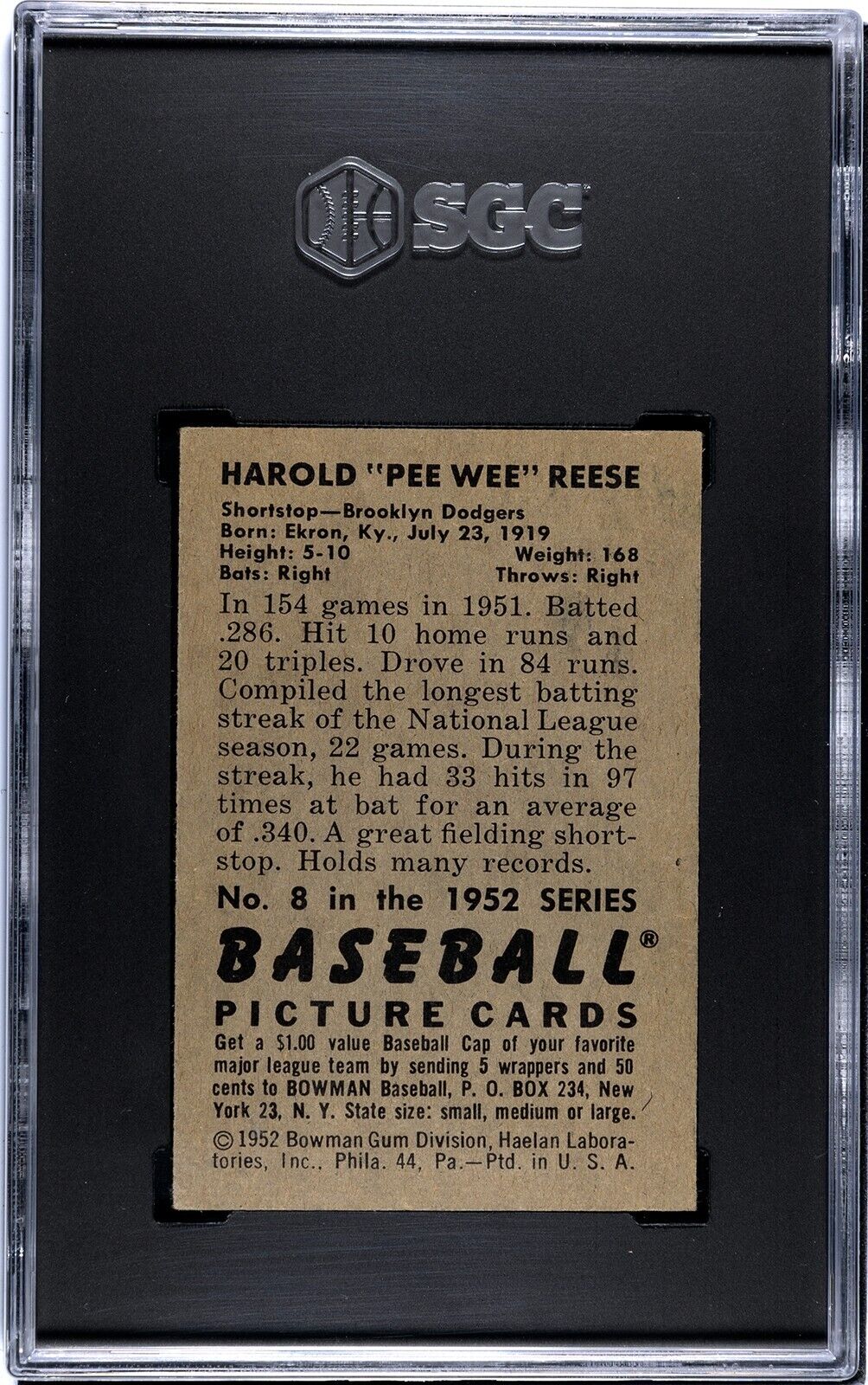 1952 Bowman Pee Wee Reese. SGC 6.5