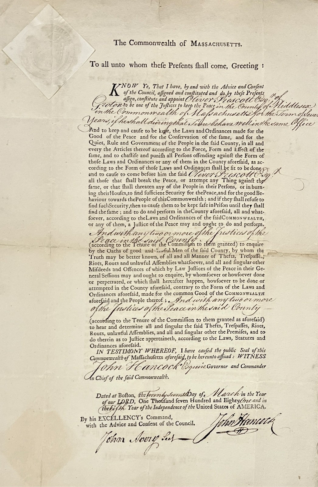 John Hancock Signed Appointment, Massachusetts, 1781. PSA JSA1
