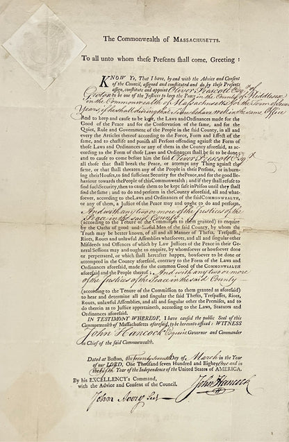 John Hancock Signed Appointment, Massachusetts, 1781. PSA JSA1