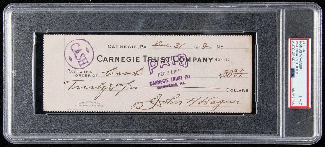 Honus Wagner Signed Check, 1918 Full Name Signature. Auto Graded PSA 7