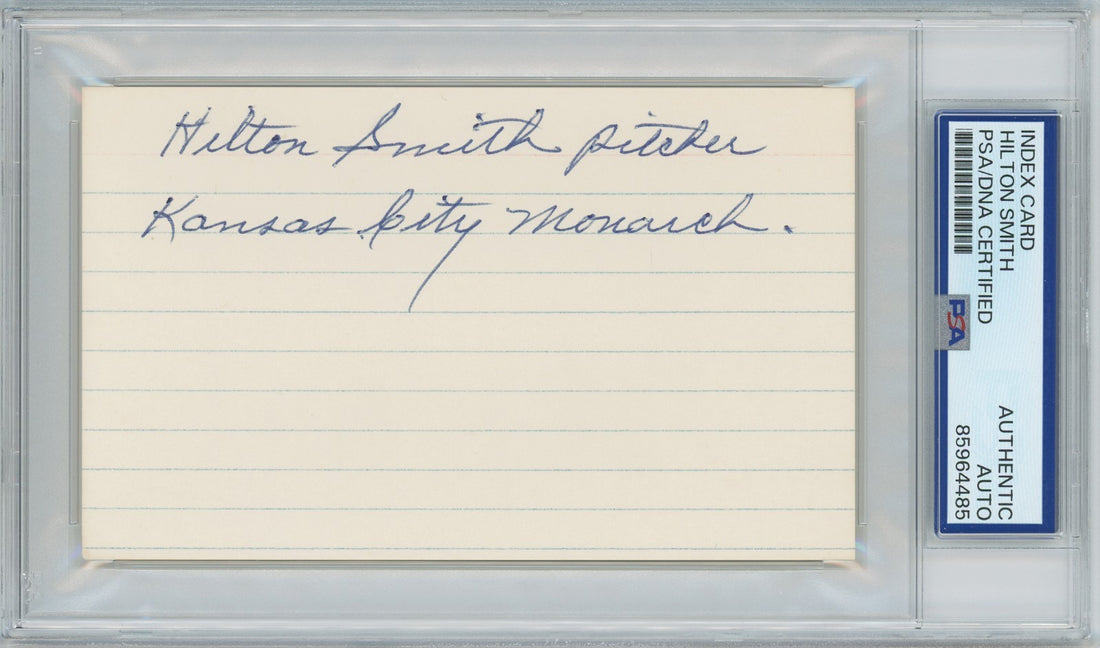 Hilton Smith Signed &amp; Inscribed Kansas City Monarchs Index Card Autograph. PSA1