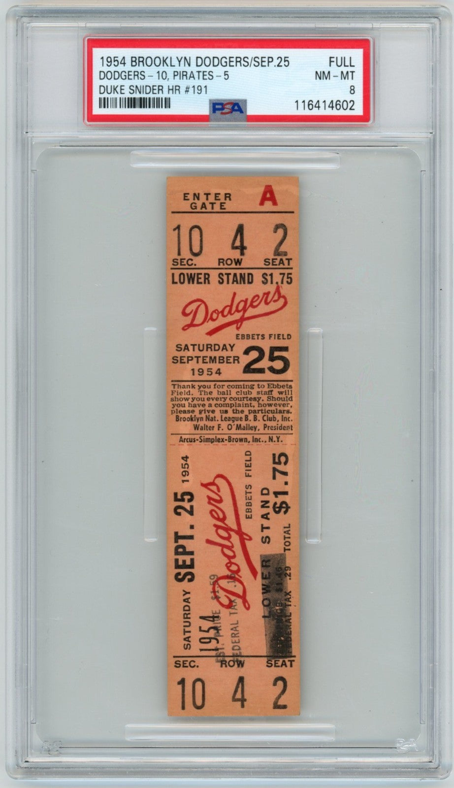 1954 Brooklyn Dodgers Full Ticket, Duke Snider Homerun 191. PSA 80