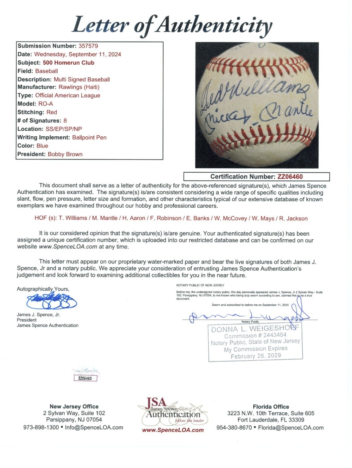 500 Home Run Club Signed Baseball. Williams, Mantle, Aaron, Mays, More. JSA LOA