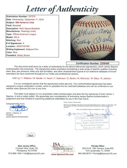 500 Home Run Club Signed Baseball. Williams, Mantle, Aaron, Mays, More. JSA LOA