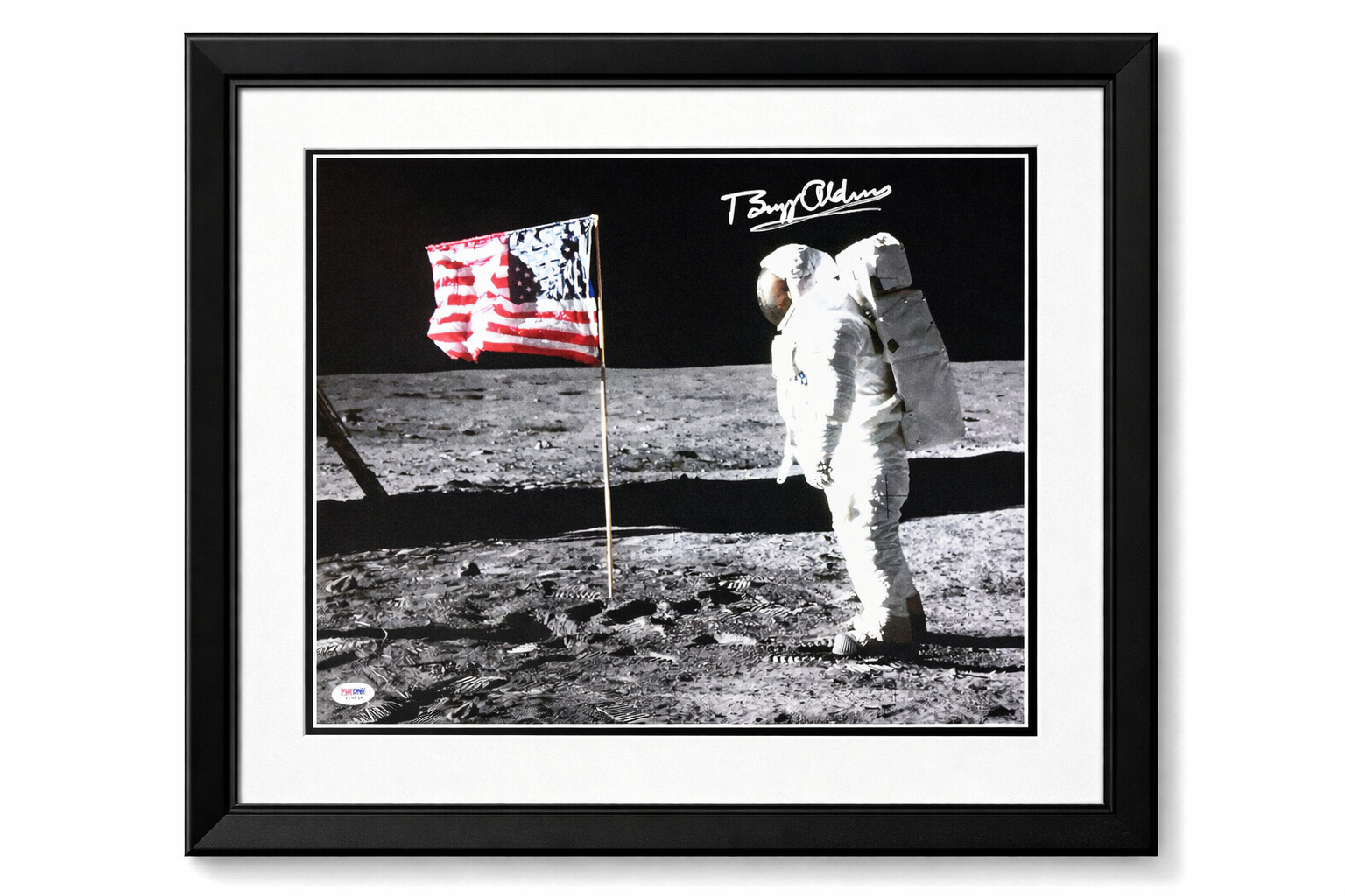 Buzz Aldrin Signed 16x20 Photo. USA Flag, Man on the Moon 1969. PSA0