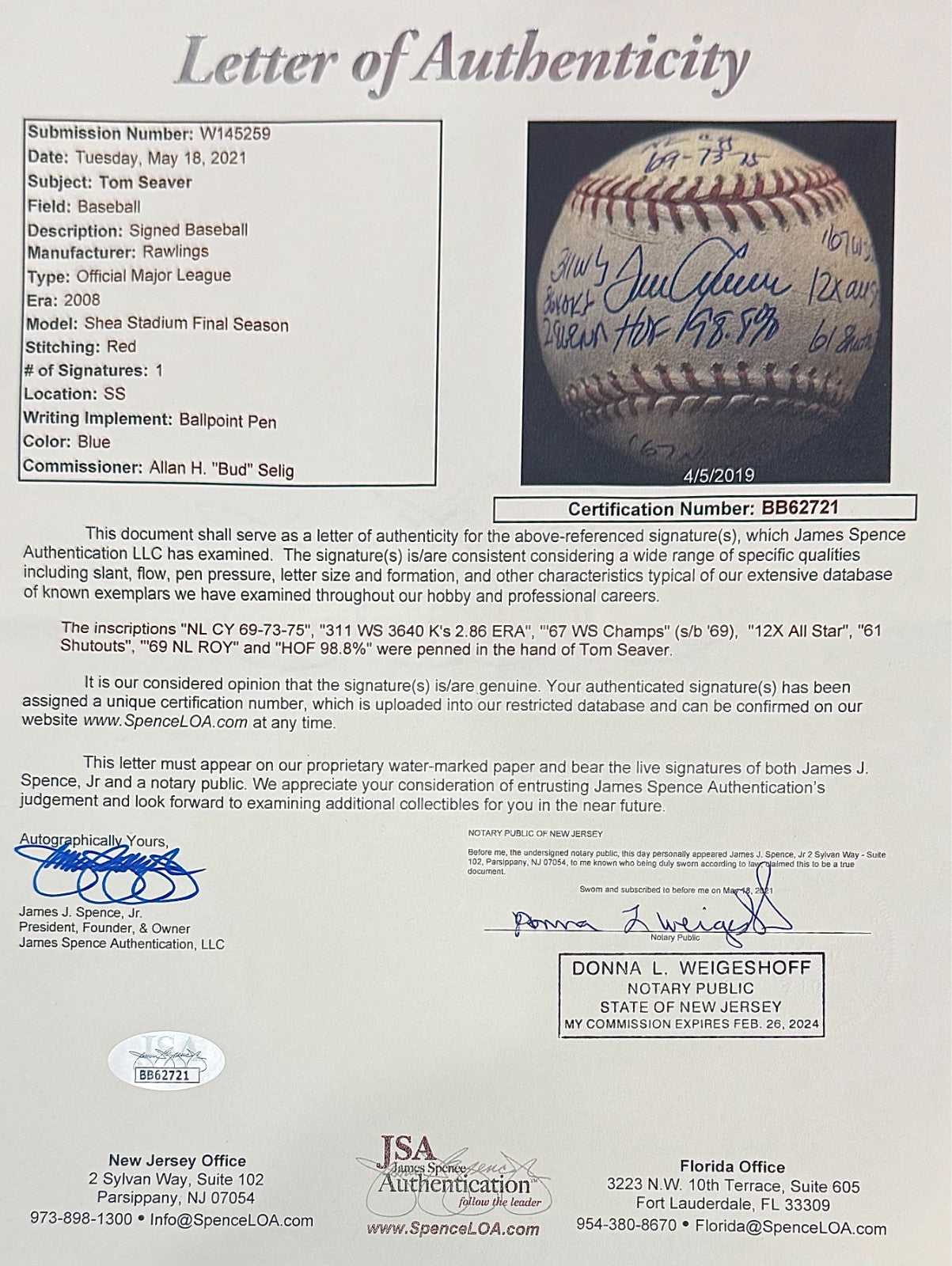 Tom Seaver Signed Stat Ball, Inscribed Game-Used Baseball. MLB7