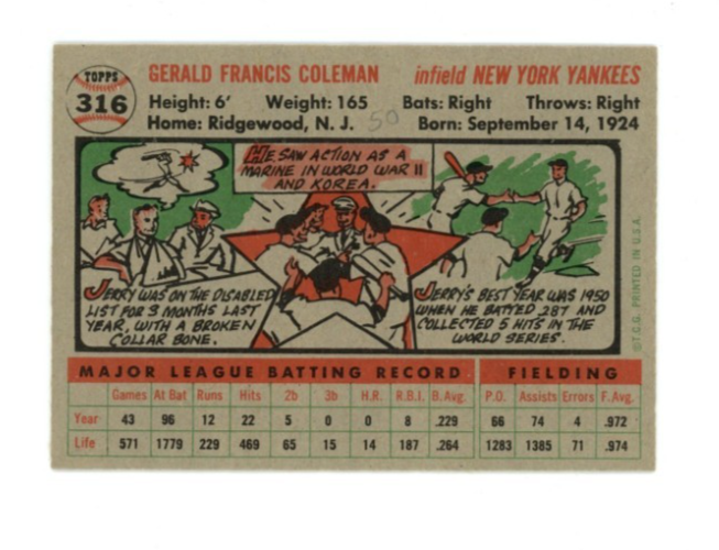 1956 Topps Jerry Coleman Gray Back1