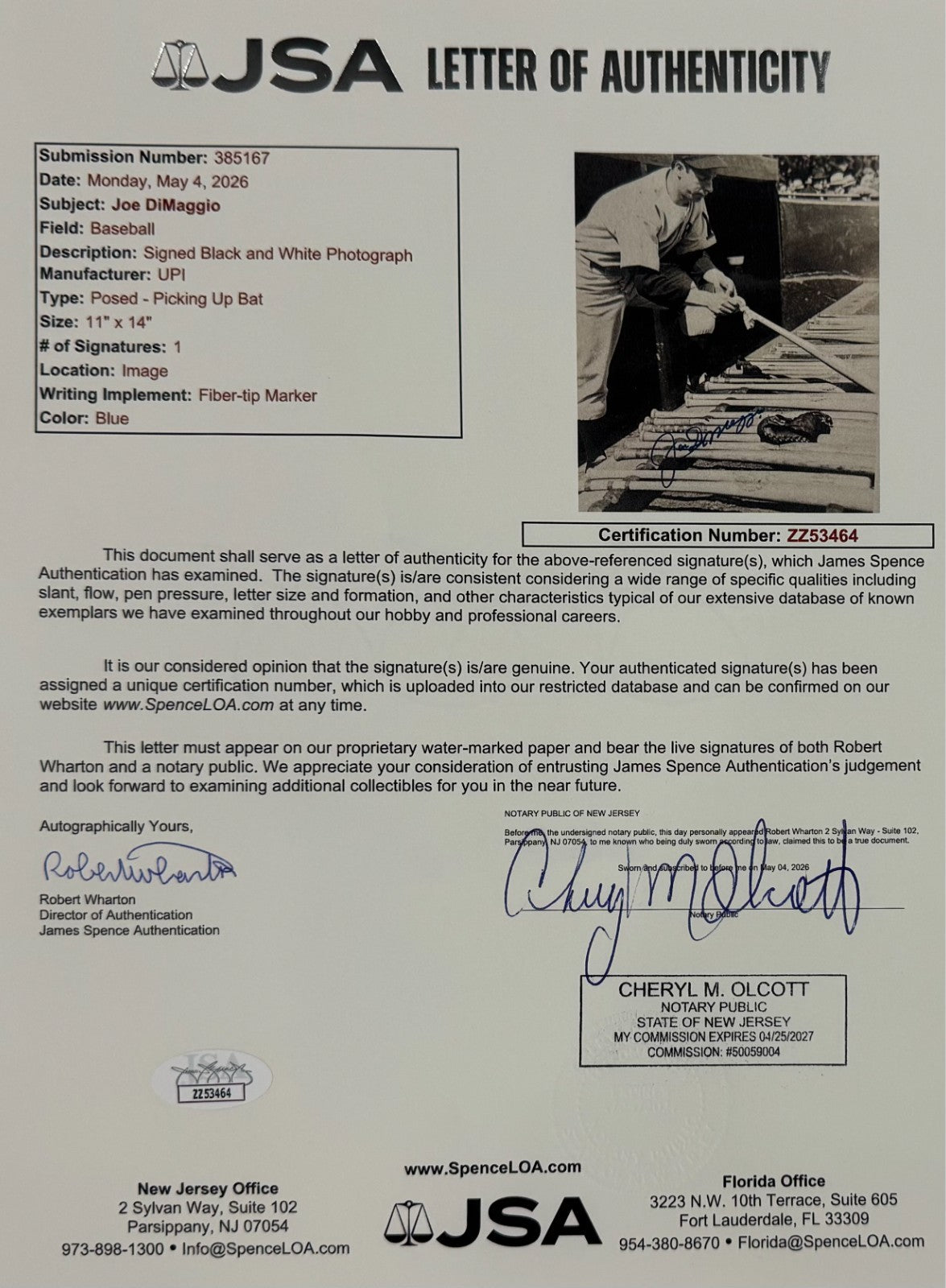 Joe DiMaggio Signed 11" x 14" Photo. Auto JSA3