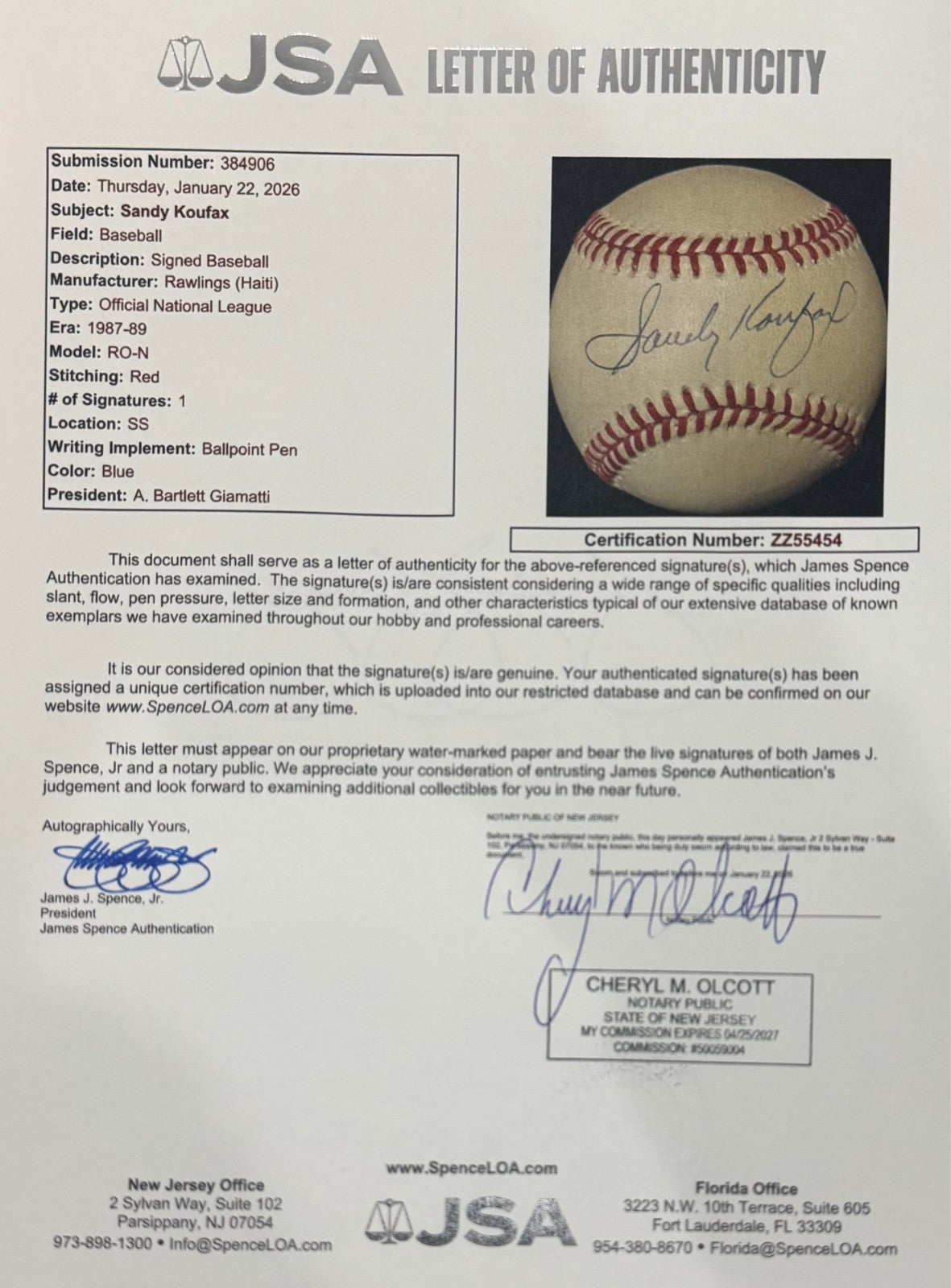 Sandy Koufax Signed Baseball. JSA3