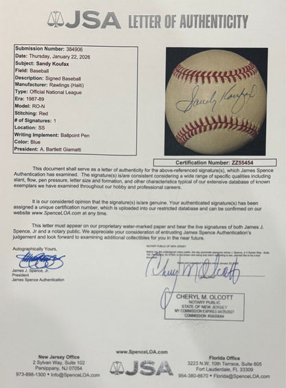 Sandy Koufax Signed Baseball. JSA3