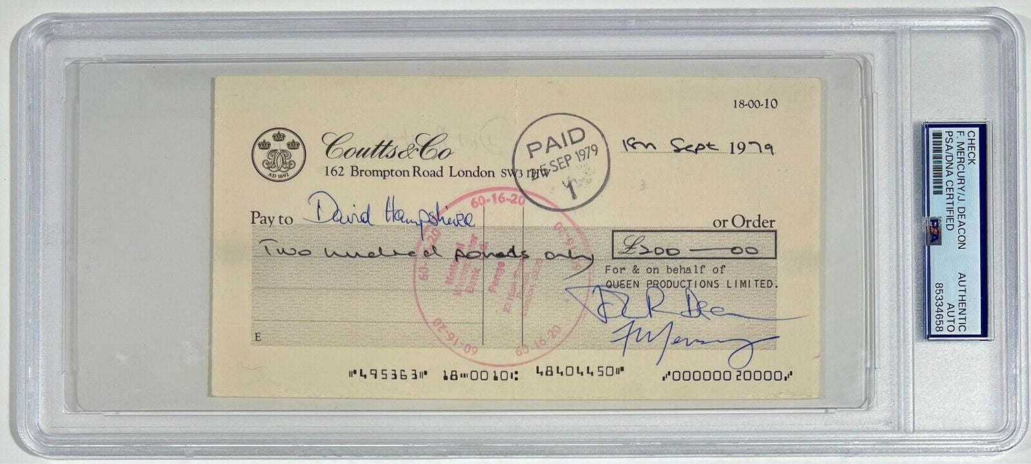 Rare Freddie Mercury &amp; Queen Signed Checks, Lot of 3. Auto PSA