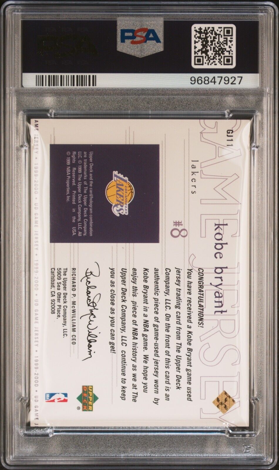 1999 Upper Deck Kobe Bryant. Game Jersey 