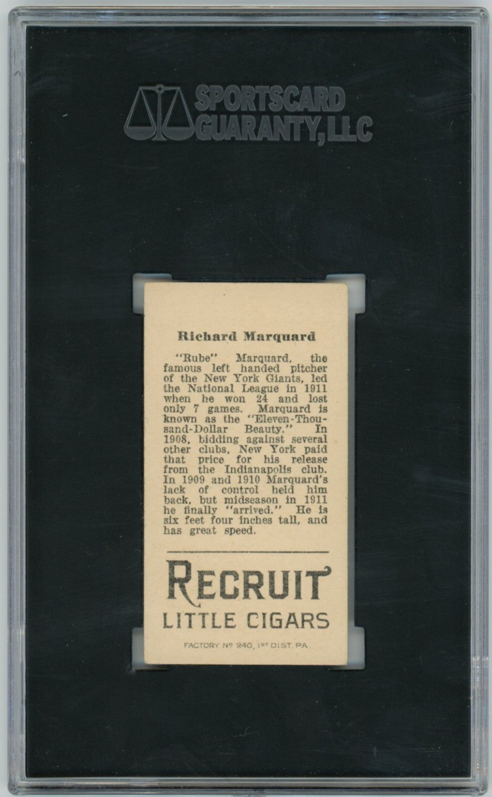 1912 Recruit Little Cigars T207 Rube Marquard SGC 4.51
