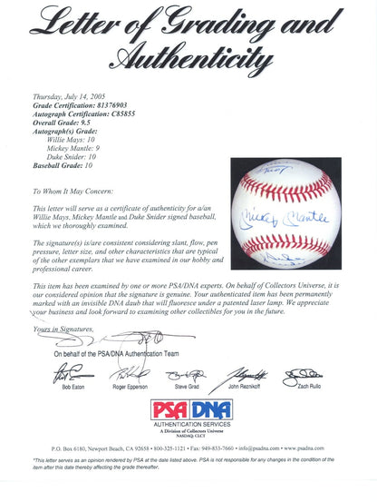 Mickey Mantle, Willie Mays &amp; Duke Snider Signed Baseball. High Grade. PSA 9.54
