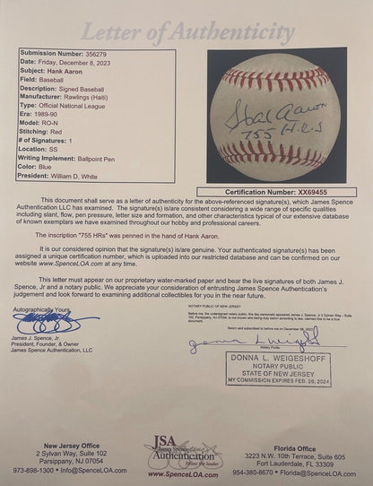 Hank Aaron Signed Inscribed Baseball. 755 HRS. JSA