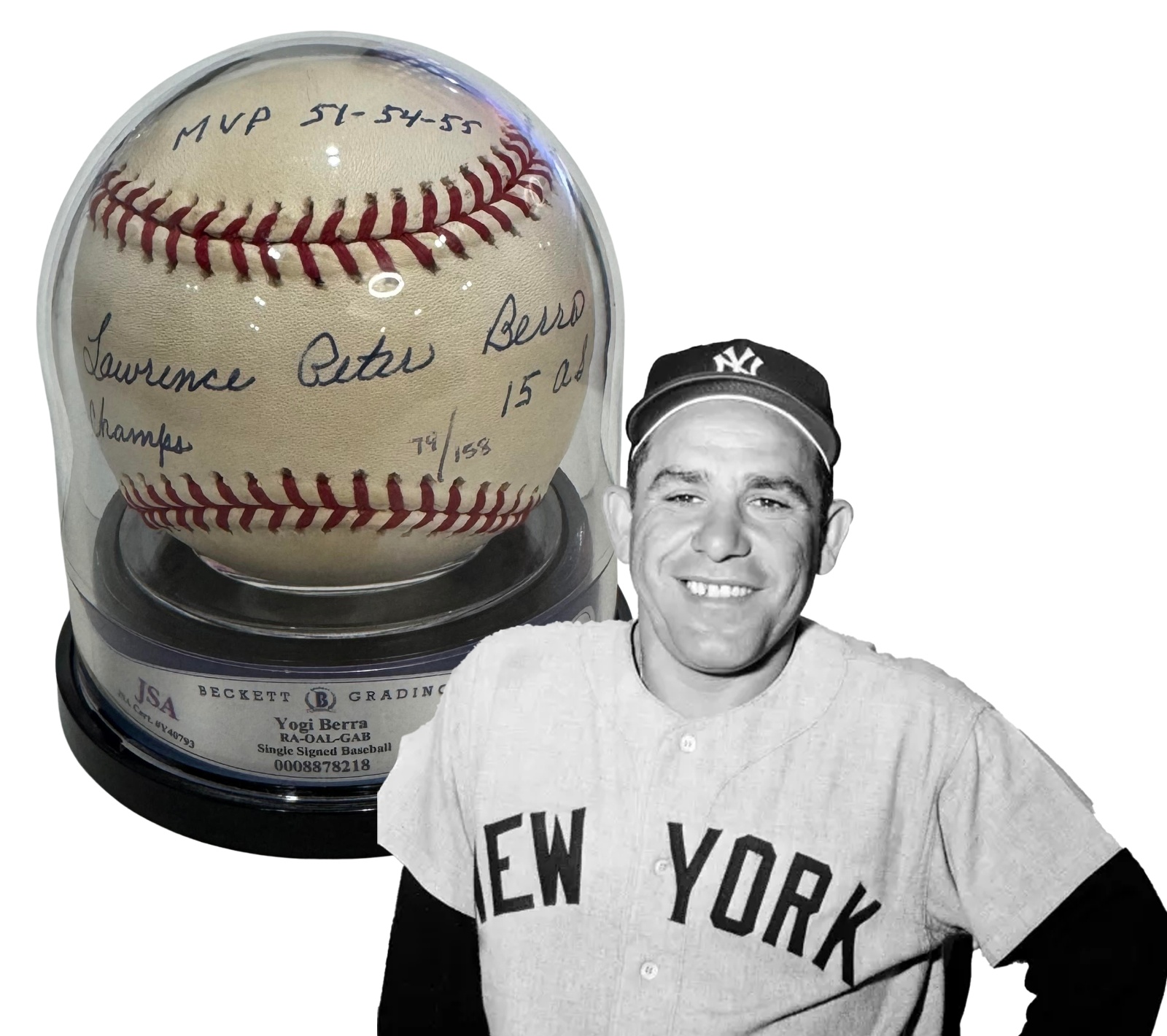 Yogi Berra Signed Stats Baseball. Full Name Autograph with Inscriptions. JSA 90