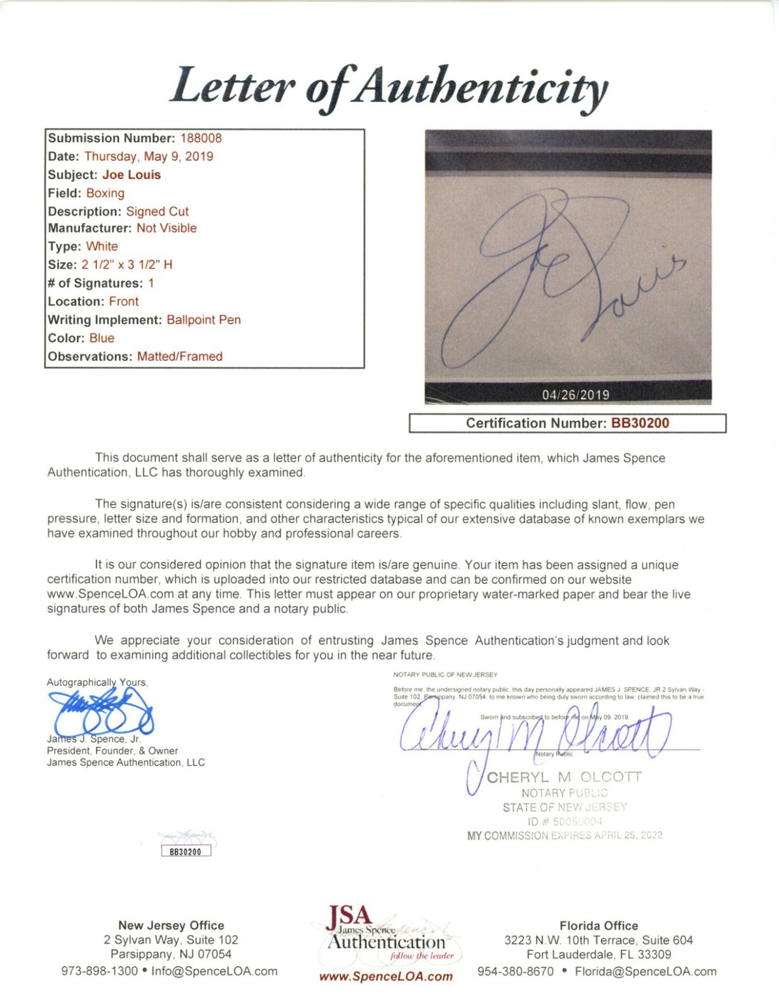 Joe Louis Signed Autograph. Auto JSA1