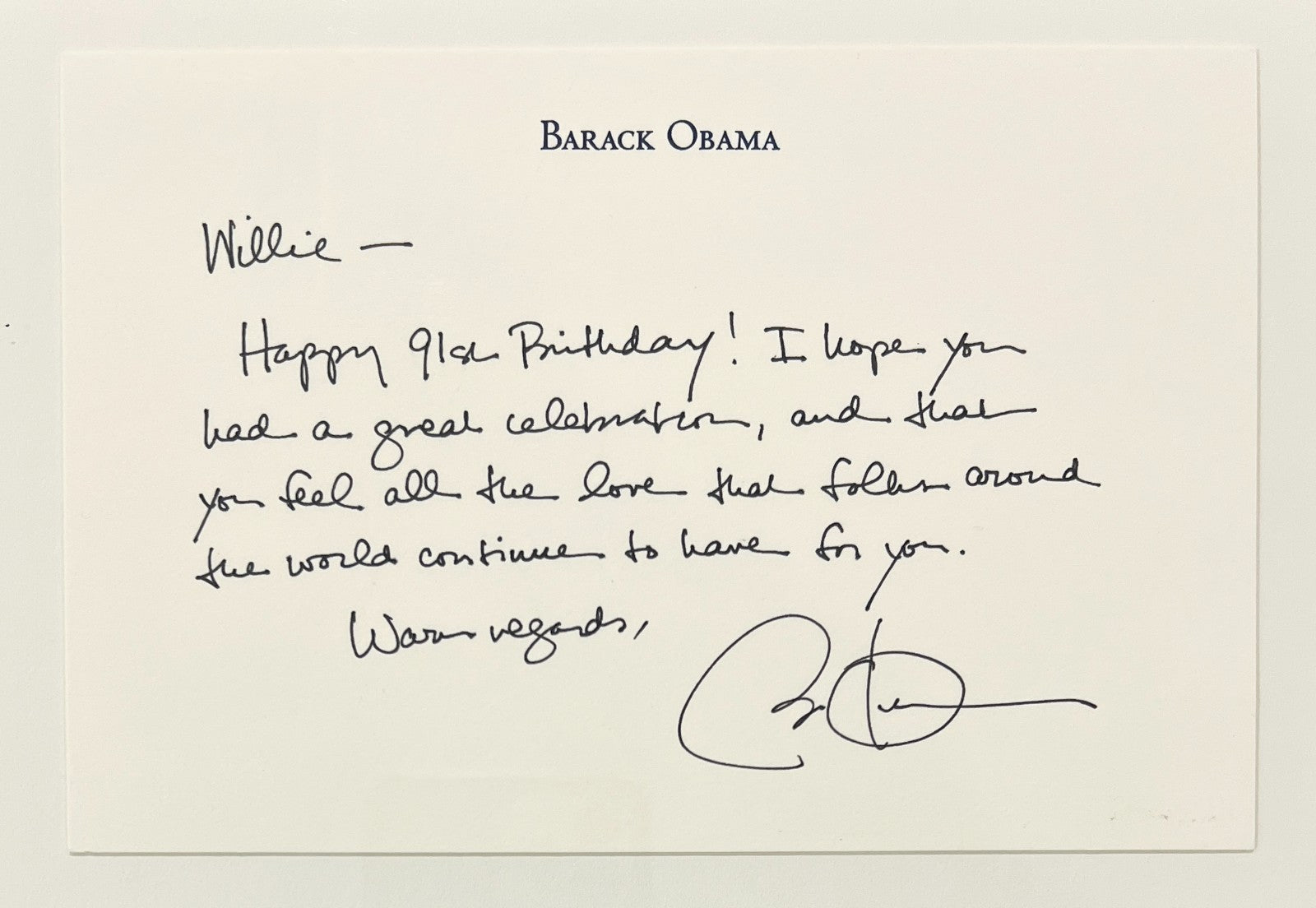 Barack Obama Handwritten &amp; Signed Birthday Letter to Willie Mays. Mays Estate1