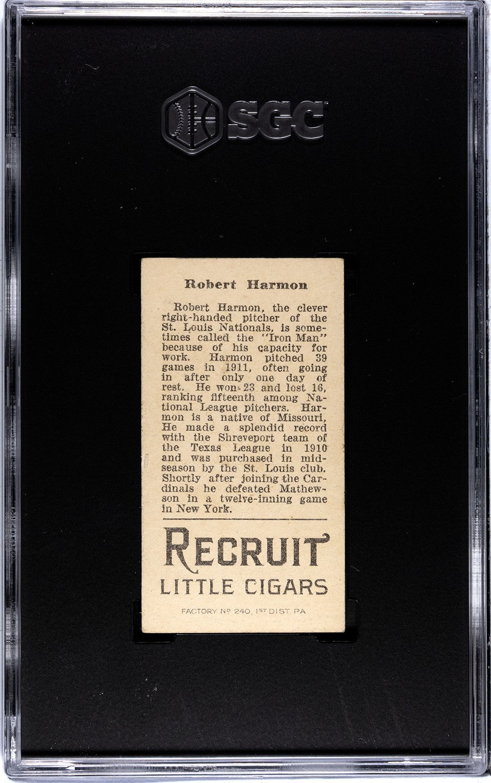1912 Recruit Little Cigars T207 Robert Harmon SGC 41