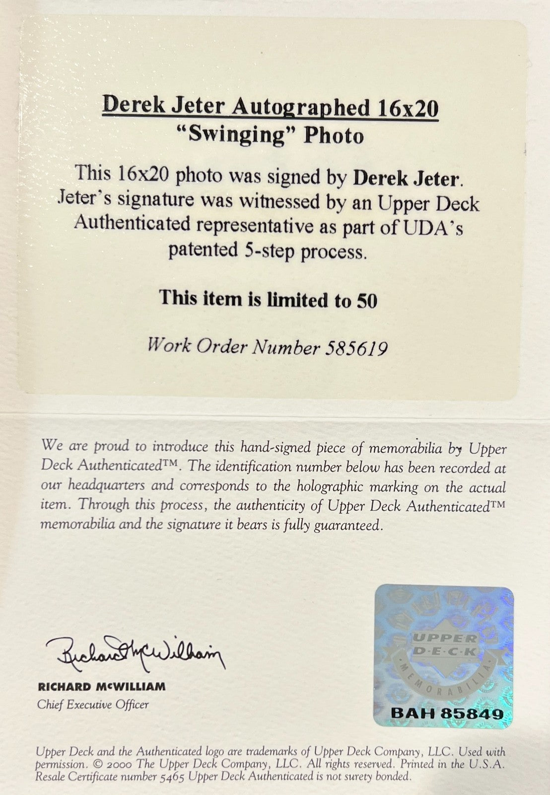 2000s Derek Jeter Signed 16x20 Photo. Rare Limited Edition /50. Upper Deck UDA4