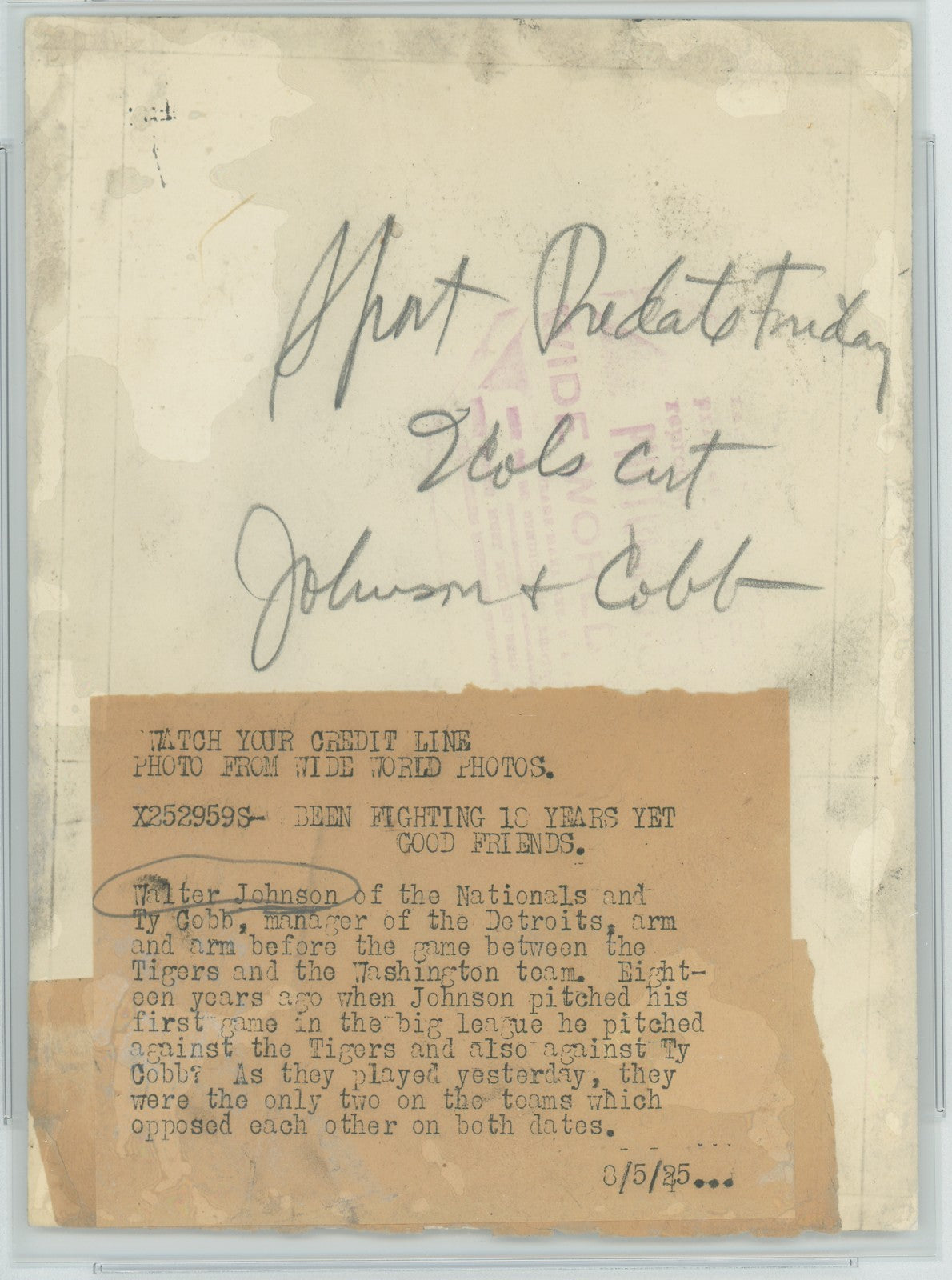 1925 Ty Cobb and Walter Johnson Type 3 Original Photo. PSA3