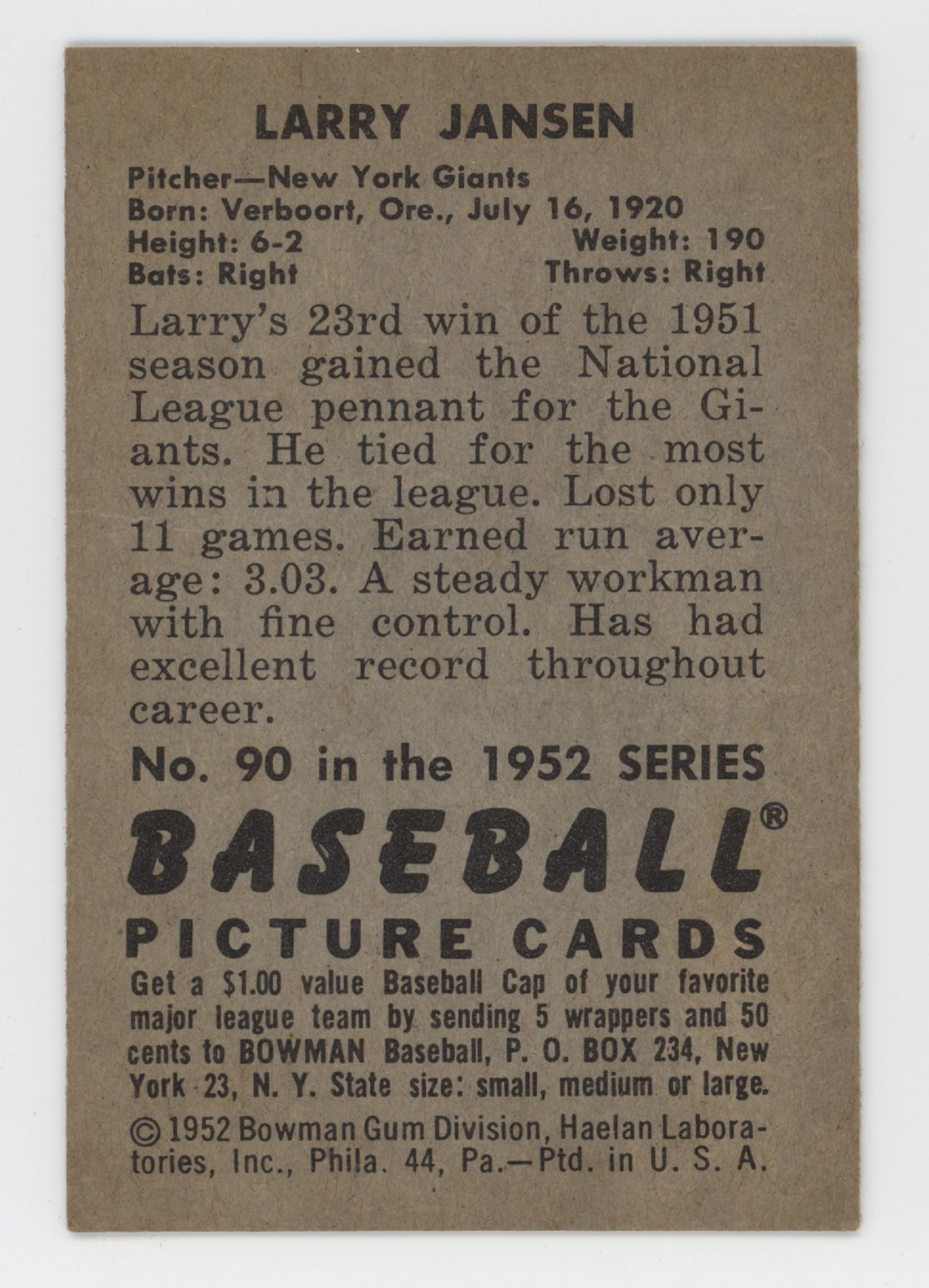 Larry Jansen 1952 Bowman. 