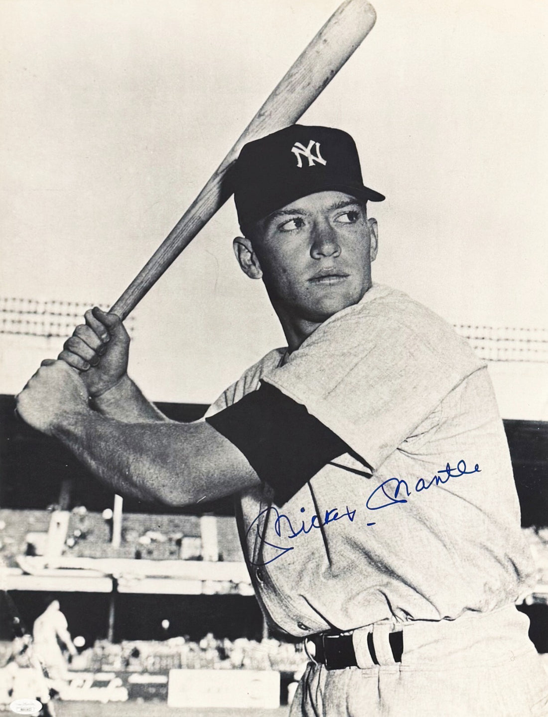 Mickey Mantle Signed Photo. Oversized 20" x 24". Custom NY Yankees Frame. JSA1