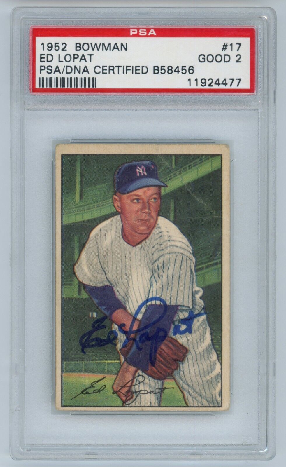 Ed Lopat Signed 1952 Bowman Card. Good 2. New York Yankees. PSA