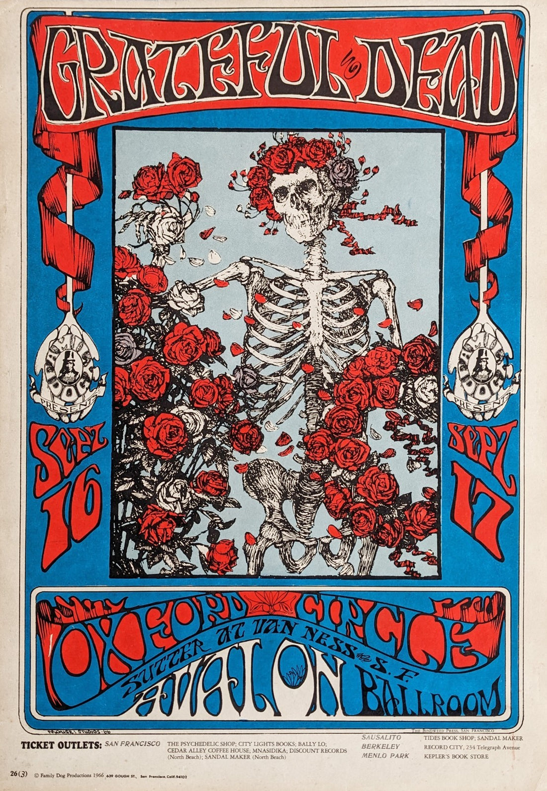 Original Grateful Dead 1966 Skeleton &amp; Roses Concert Poster, 3rd Printing FD-261