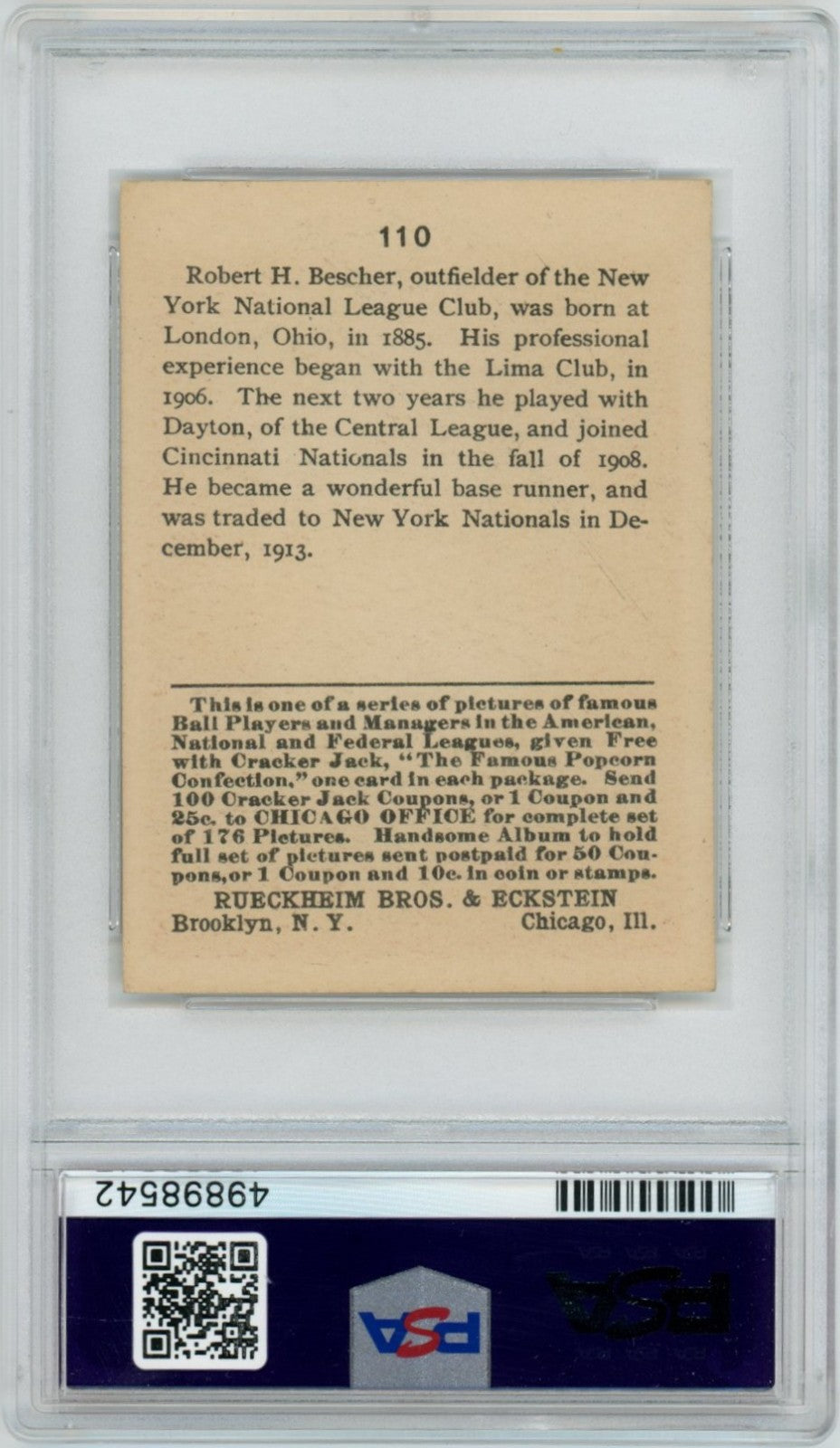1915 Cracker Jack Bob Bescher PSA 71