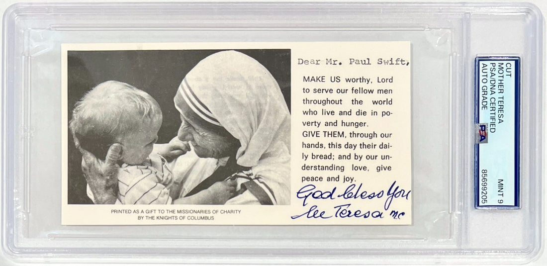 Mother Teresa Signed &amp; Inscribed Prayer Card. Auto PSA Mint 90
